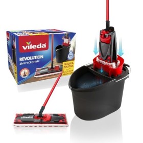 Vileda Revolution Sistema Lavapavimenti con Secchio, Strizzatore e Piastra, con 2 Panni in Microfibra, Nero/Rosso