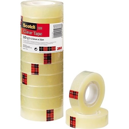 Scotch Nastro Adesivo 3M, Trasparente Acrilico, 15 mm x 33 m, Confezione Torretta da 10 Pezzi