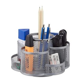 Relaxdays 10022487_55 Portapenne Scrivania Ufficio, 7 Scomparti, Girevole, Rotondo, Materiale Cancelleria Scuola, Argento