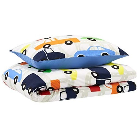 AmazonBasics - Set copripiumino per bambini, in microfibra, motivo: automobili- 100 x 135 cm + 40 x 60 cm