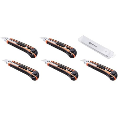 AmazonBasics - 5 taglierini con 25 lame di ricambio (3 montante per taglierino + 10 extra con contenitore)