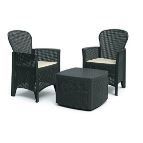 DMORA 8052773491754 Set da Giardino con Cuscini, 2 Poltrone e 1 Tavolino Contenitore da Esterno, Made in Italy, Antracite