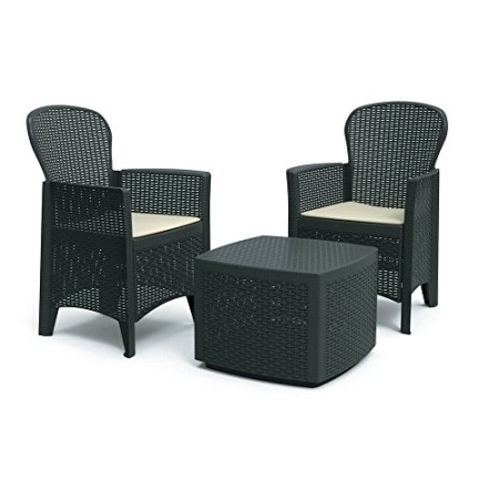 DMORA 8052773491754 Set da Giardino con Cuscini, 2 Poltrone e 1 Tavolino Contenitore da Esterno, Made in Italy, Antracite