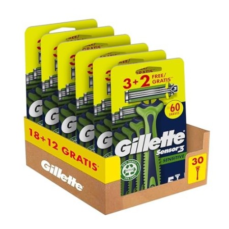 Gillette Sensor3 Sensitive Rasoi Uomo Usa e Getta, Maxi Formato da 30 Rasoi di cui 12 Gratis