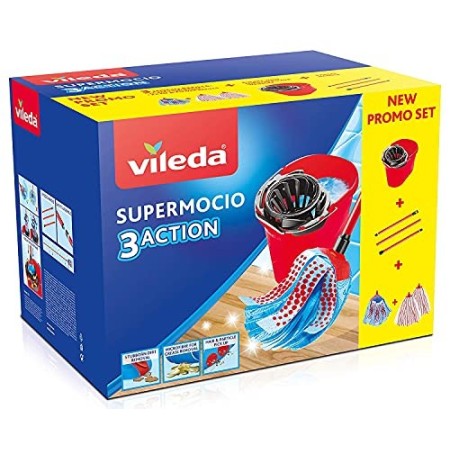 Vileda Supermocio Box Sistema Lavapavimenti, Set con Strizzatore, Secchio, Manico 3 Pezzi, 1 Fiocco 3Action XL, 2 Fiocchi Microf