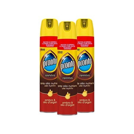 Pronto Spray Olio Nutriente Ravviva e Protegge Superfici in Legno, Fragranza Ambra e Olio D'Argan, 3 x 250 ml